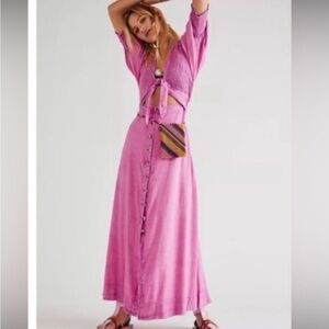 Free People String of Hearts Pink Button-Front Midi Dress with Tie Waist Medium